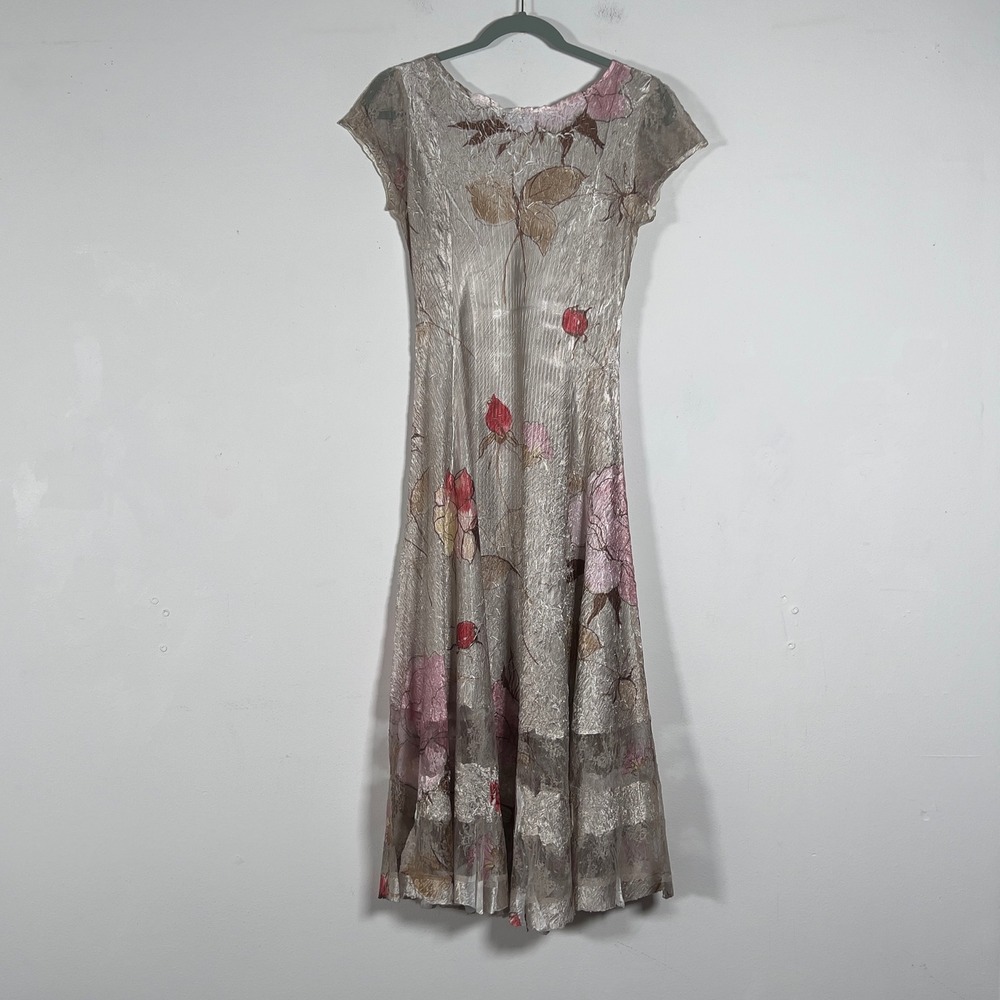 Komarov Satin Crinkle Mesh Lace V-Neck Dress Women Sz L Cream Floral Cap Sleeve - Picture 3 of 9